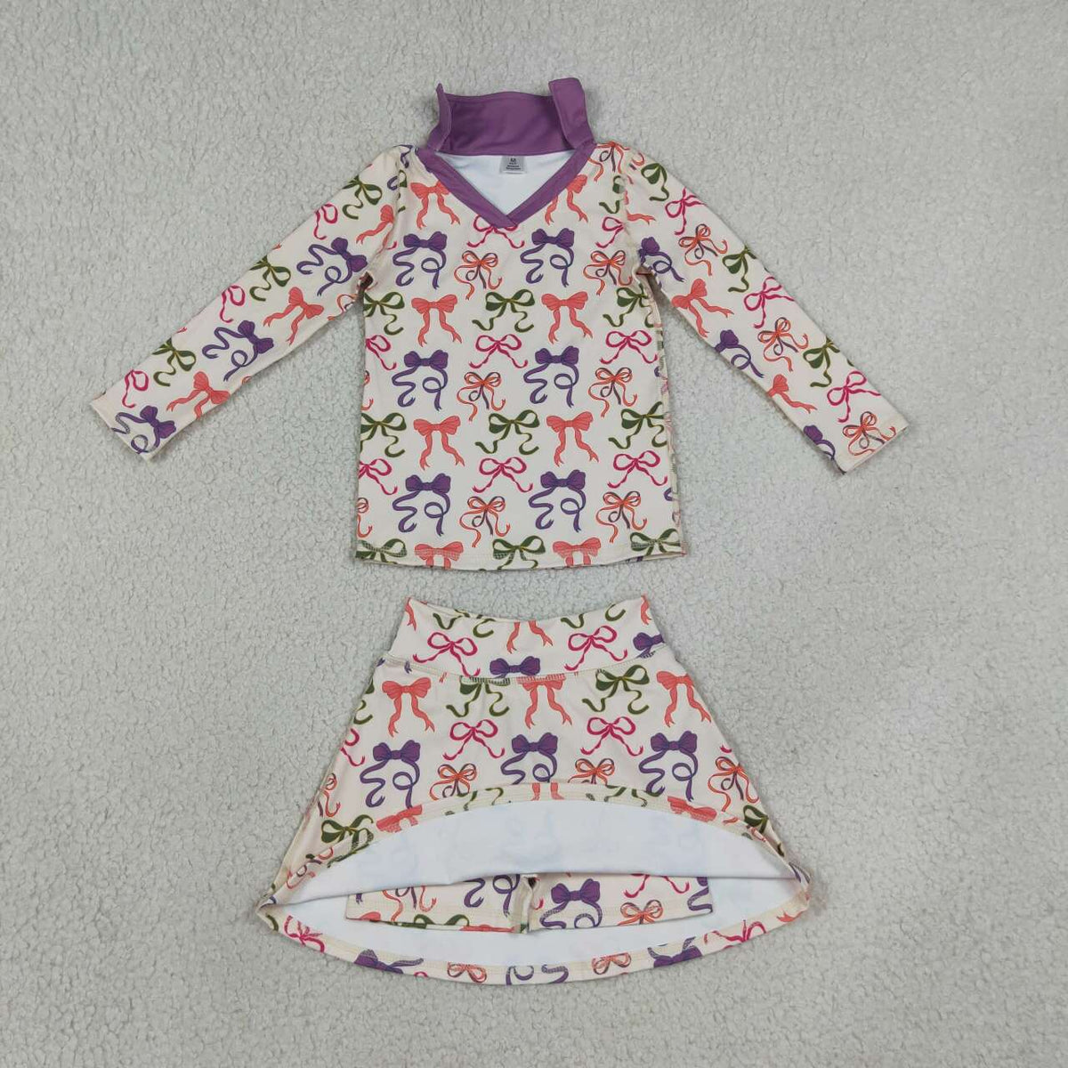 Colorful bow long sleeve yoga top matching skorts girls spring fall outfit