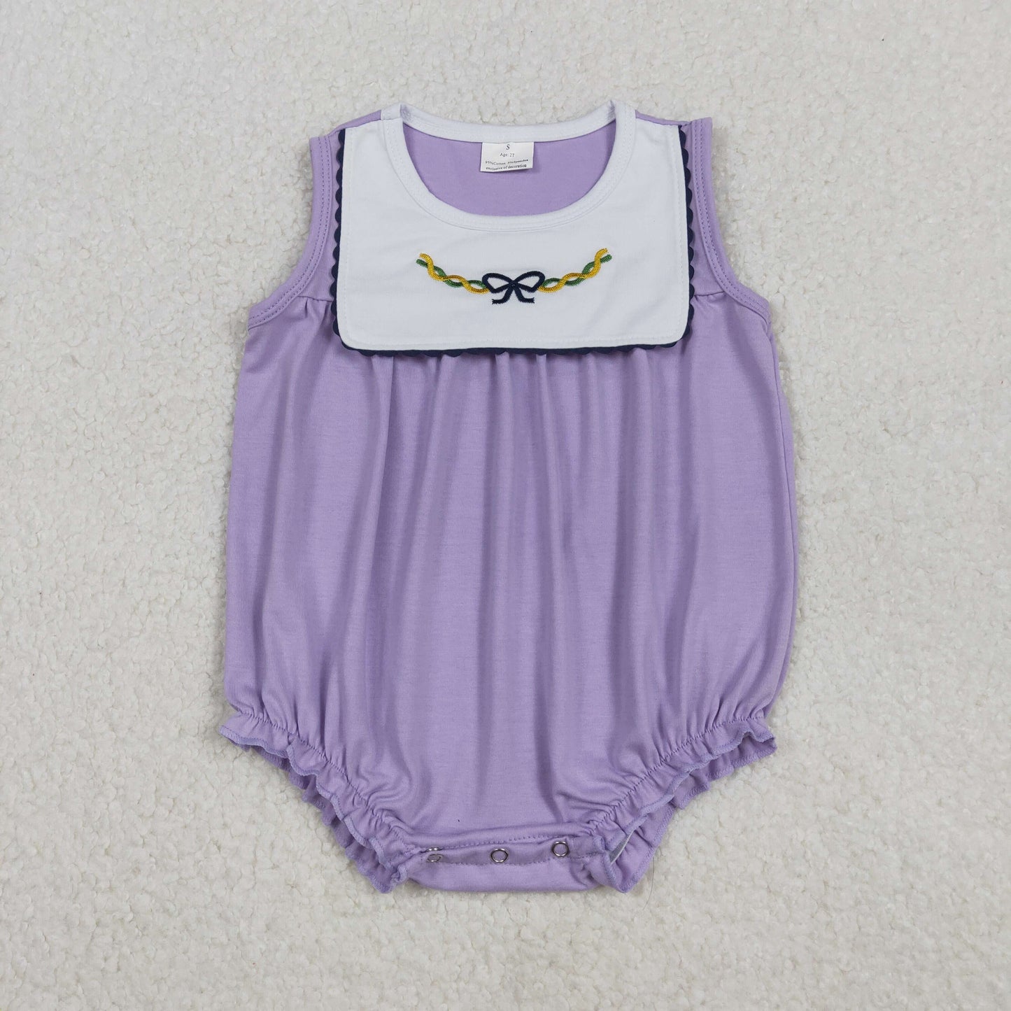 Mardi Gras embroidery bow design toddle girls romper