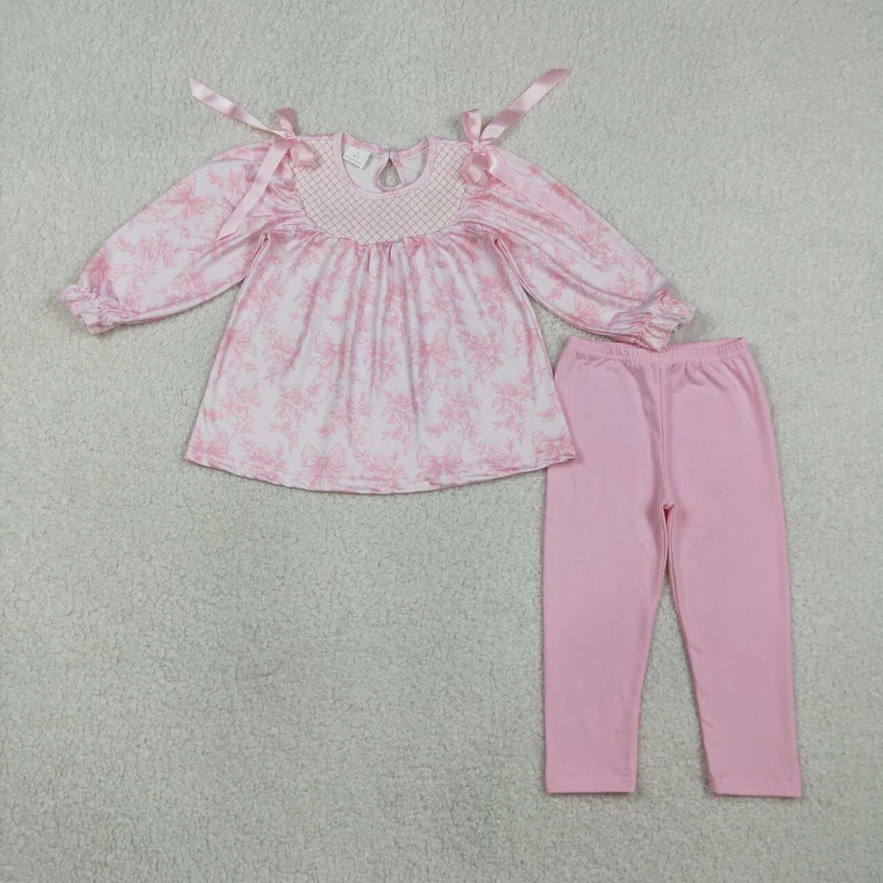 Pink bow girls long sleeve spring fall smocked outfit