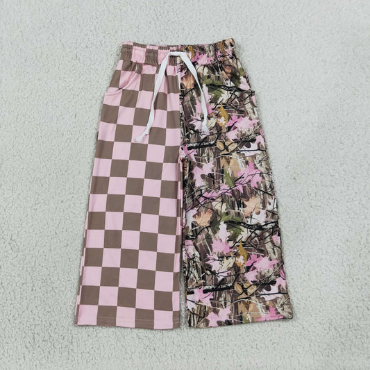 Pink khaki plaid print girls milk silk pants