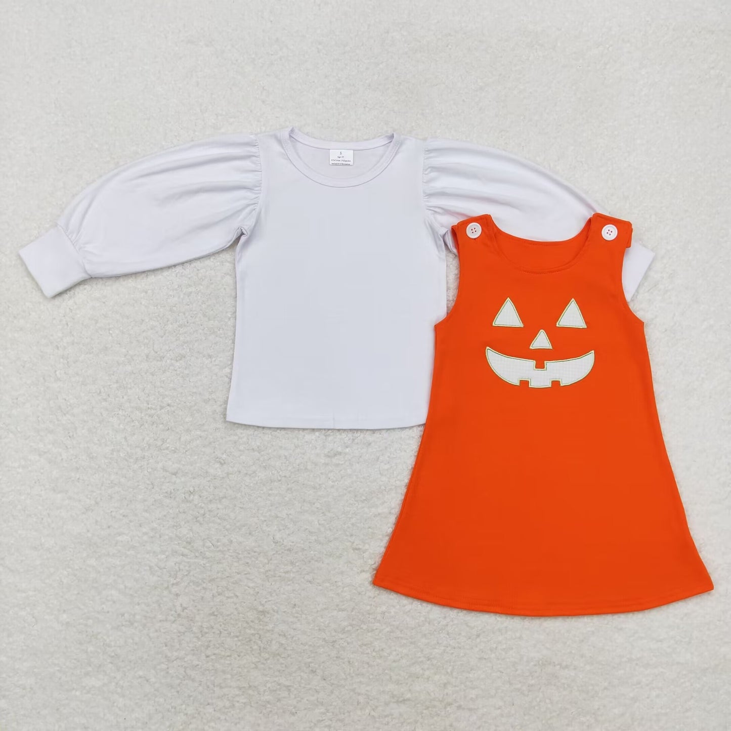 wholesale kids girls white long sleeve top halloween embroidery pumpkin dress 2pcs clothes