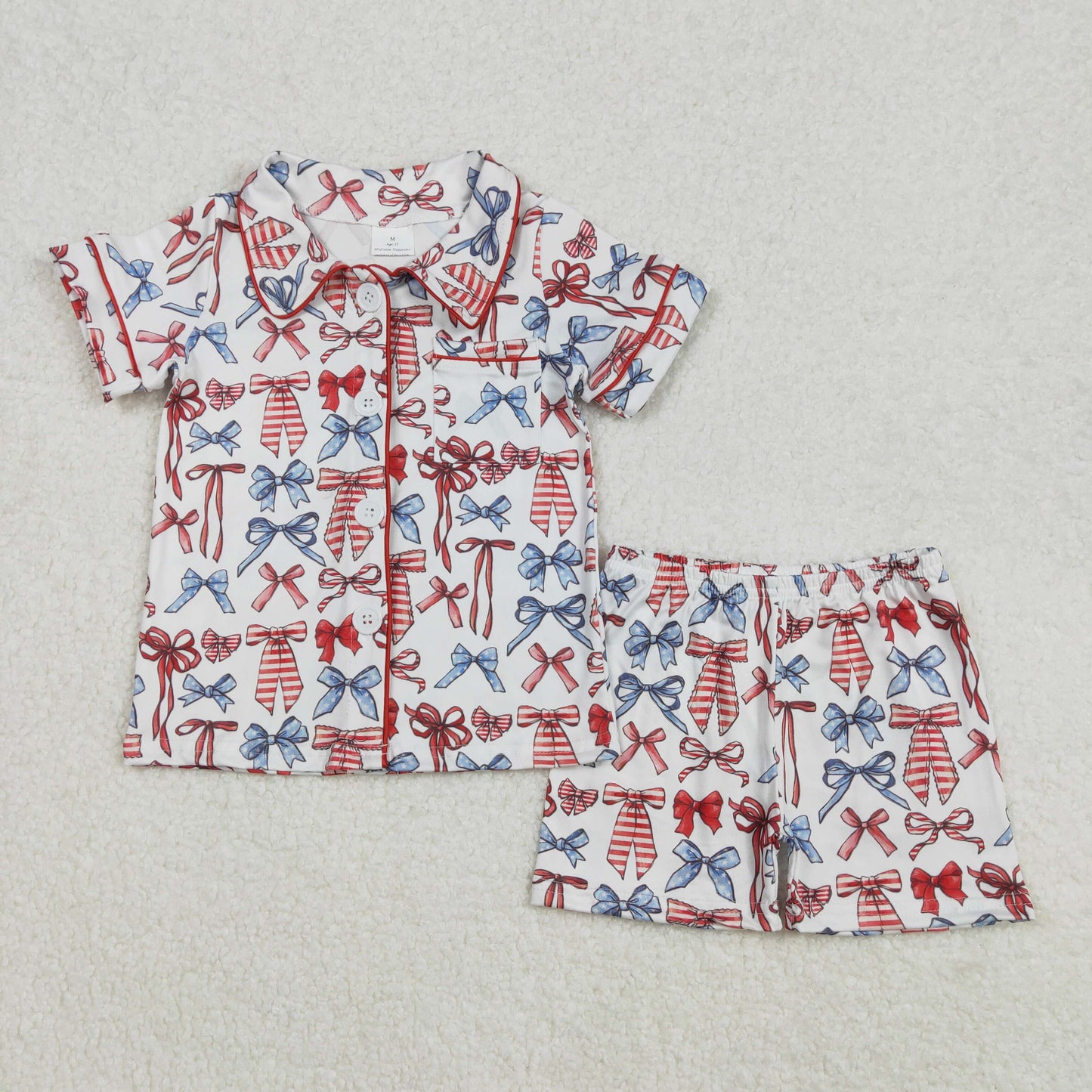 Baby girl red blue bow design short sleeve July 4th pajama set