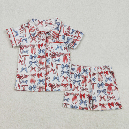 Baby girl red blue bow design short sleeve July 4th pajama set