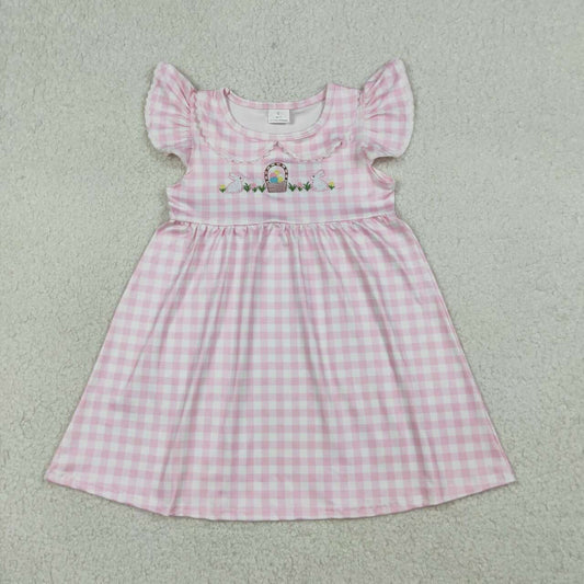 Girls embroidery easter bunny short sleeve pink plaid dress