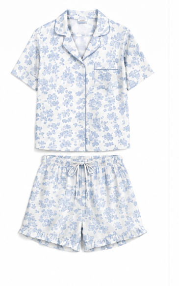 Adult women blue floral design short sleeve milk silk pajama set