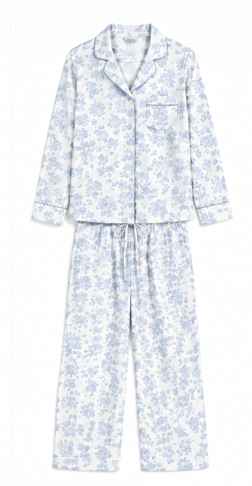 Adult women blue floral design long sleeve milk silk pajama set