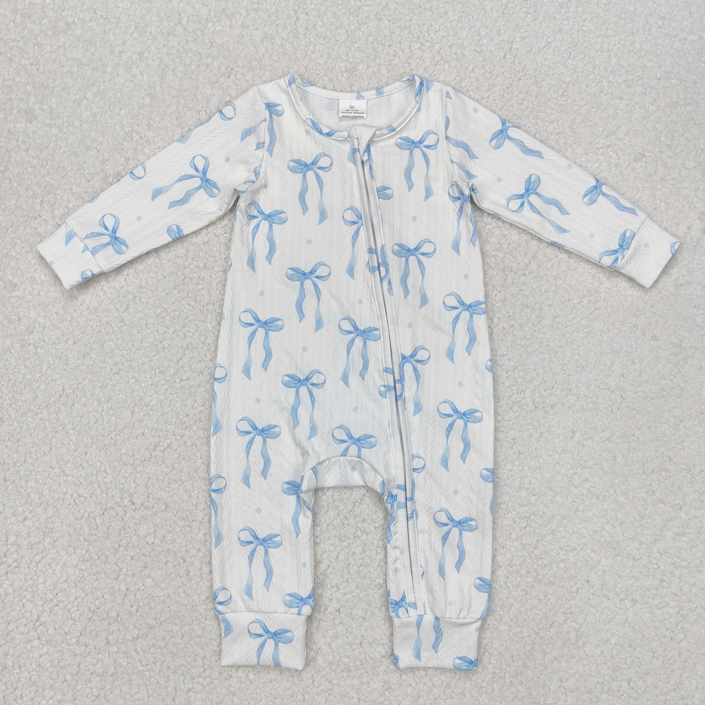 Infant baby boy blue bow long sleeve cable zip romper