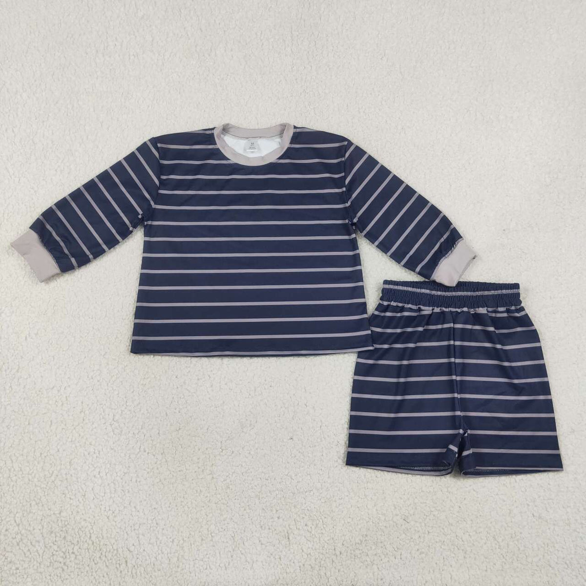 Navy stripes long sleeve yoga pullover top matching shorts girls outfit