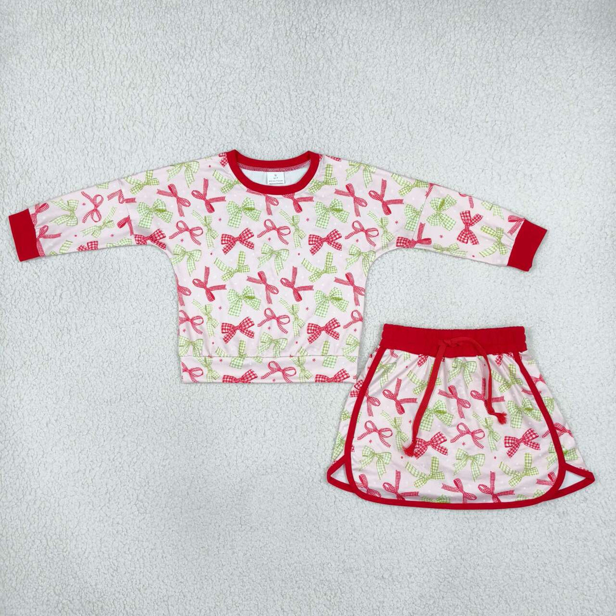 Christmas bow print long sleeve pullover top matching shorts girls fall winter outfit