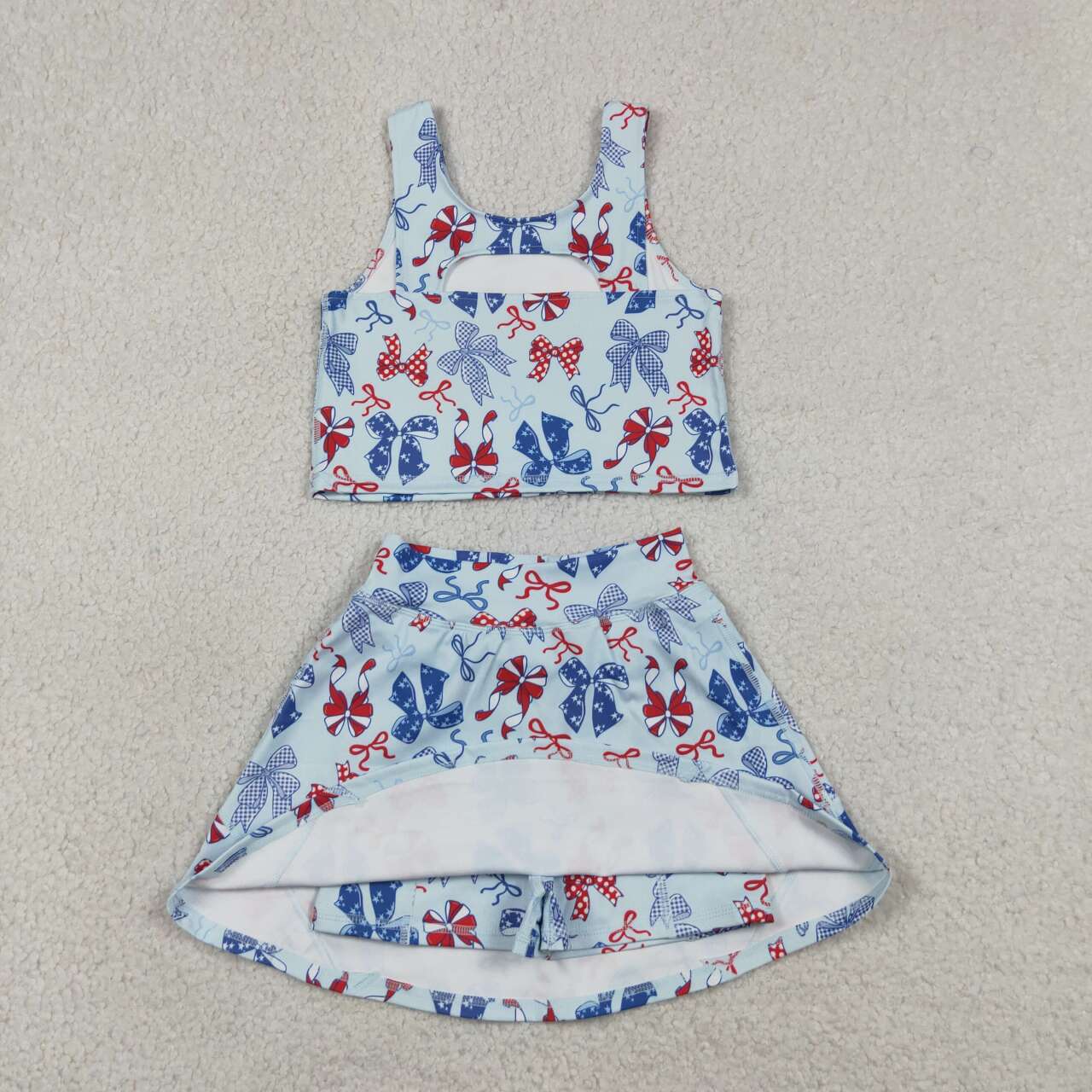 Red blue bow print girls summer active wear set