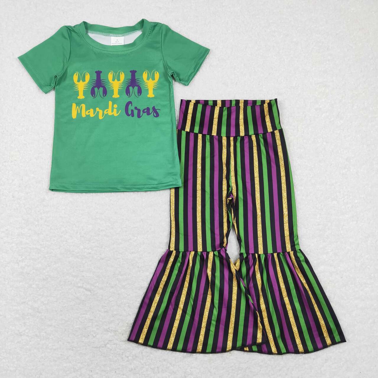 Green Mardi Gras Shirt matching bell bottoms clothing set