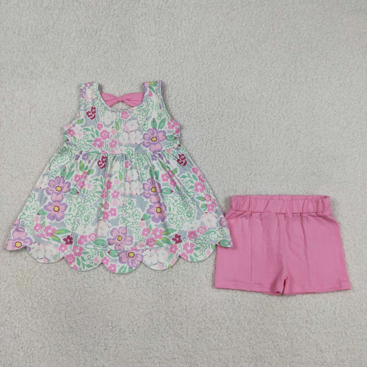 Pink blue floral top matching shorts girls summer outfit