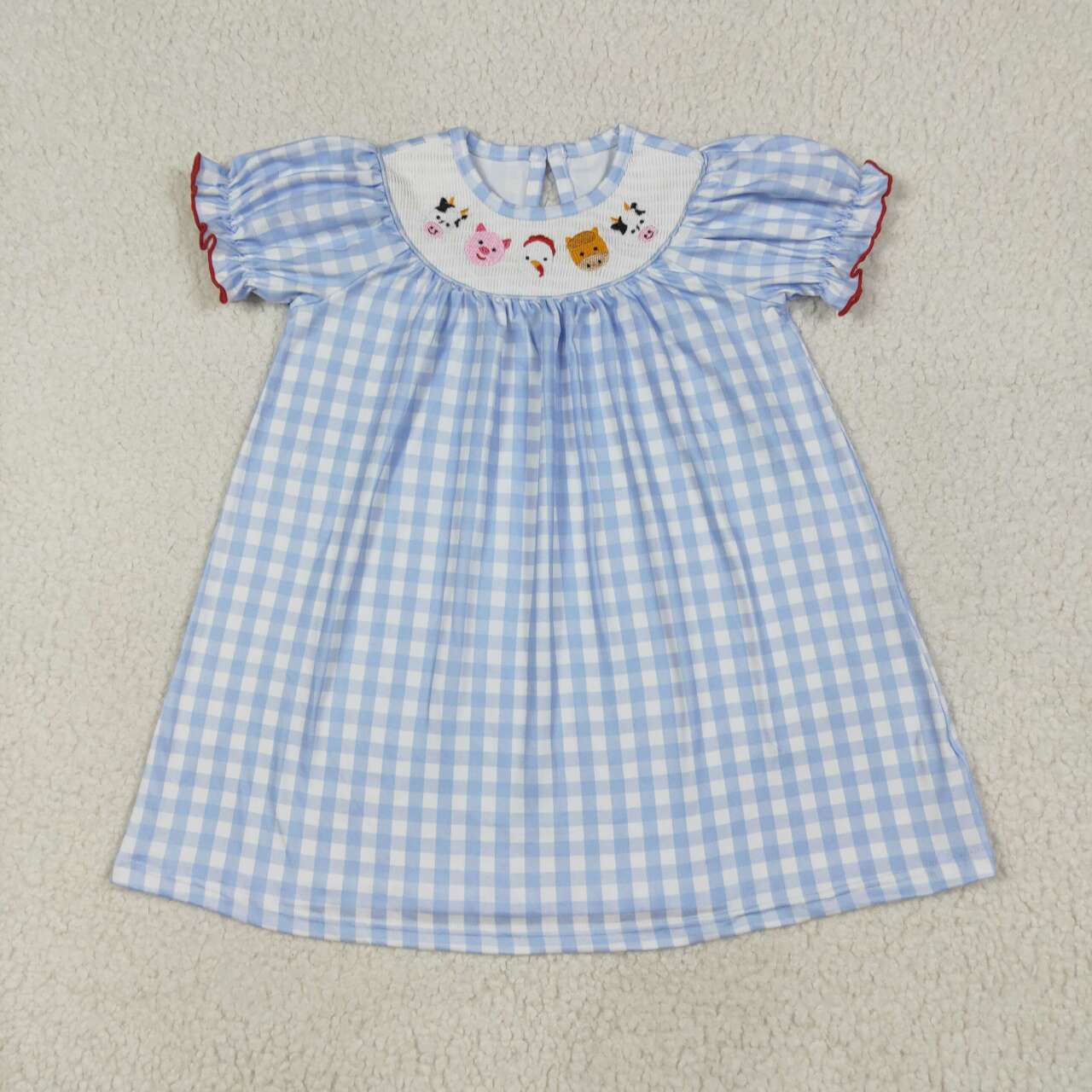 Toddle girls farm animal blue plaid smocked dress