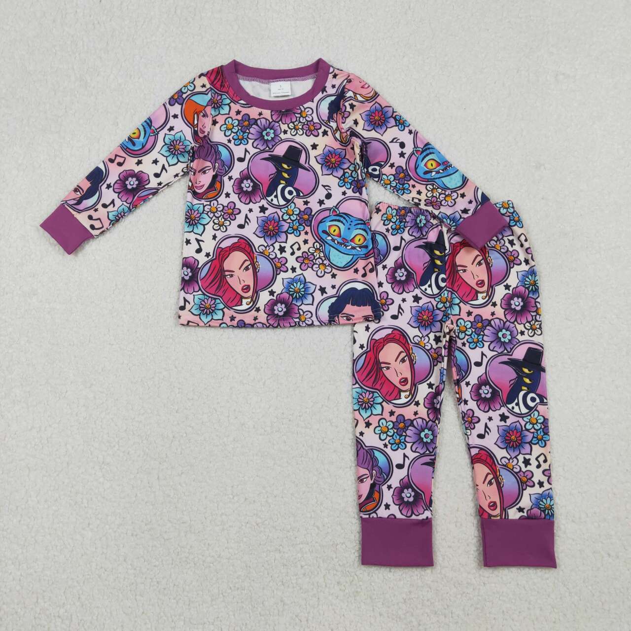 Cartoon floral design kids long sleeve top matching pants girls pajama set