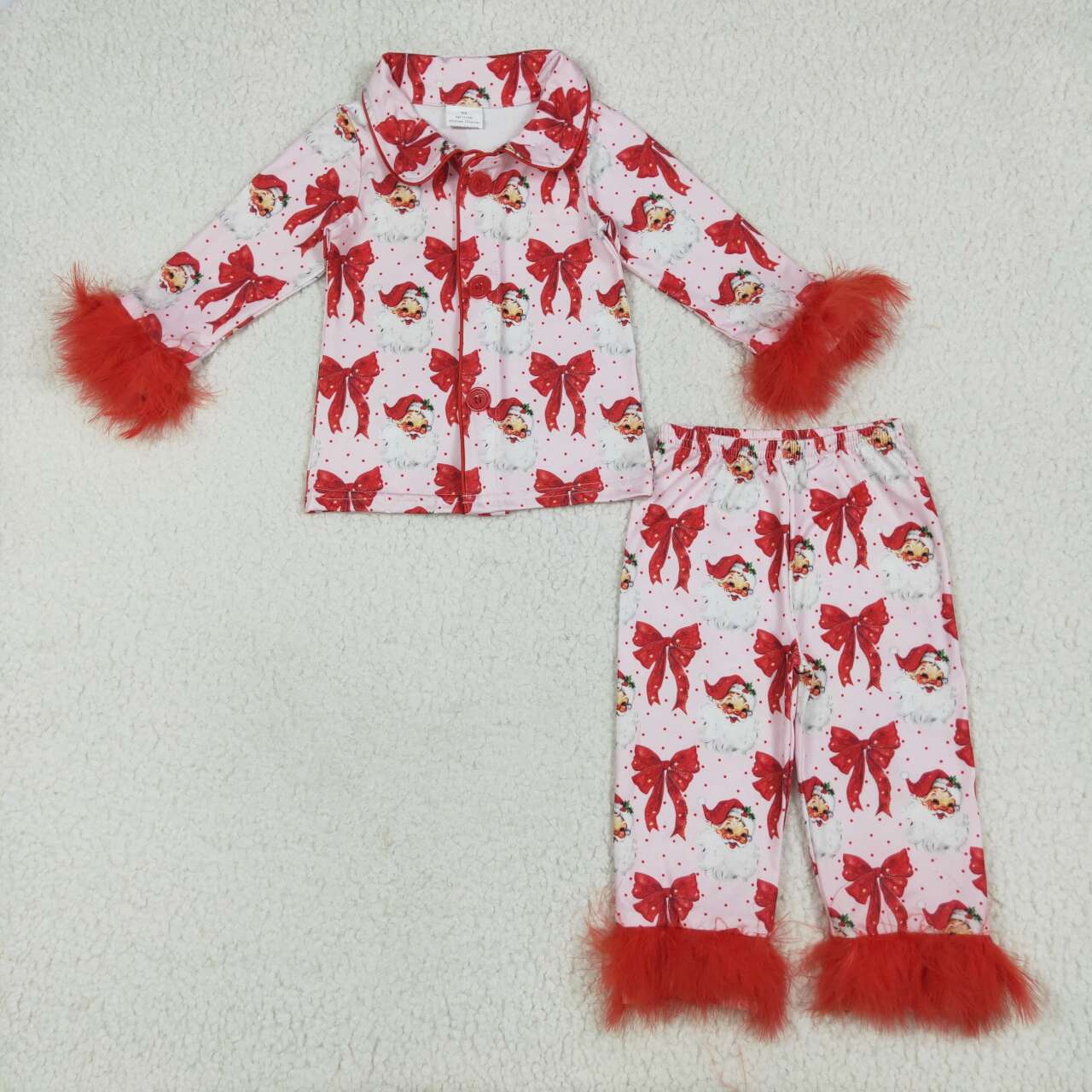 Christmas santa claus red bow long sleeve fur pajama set outfit