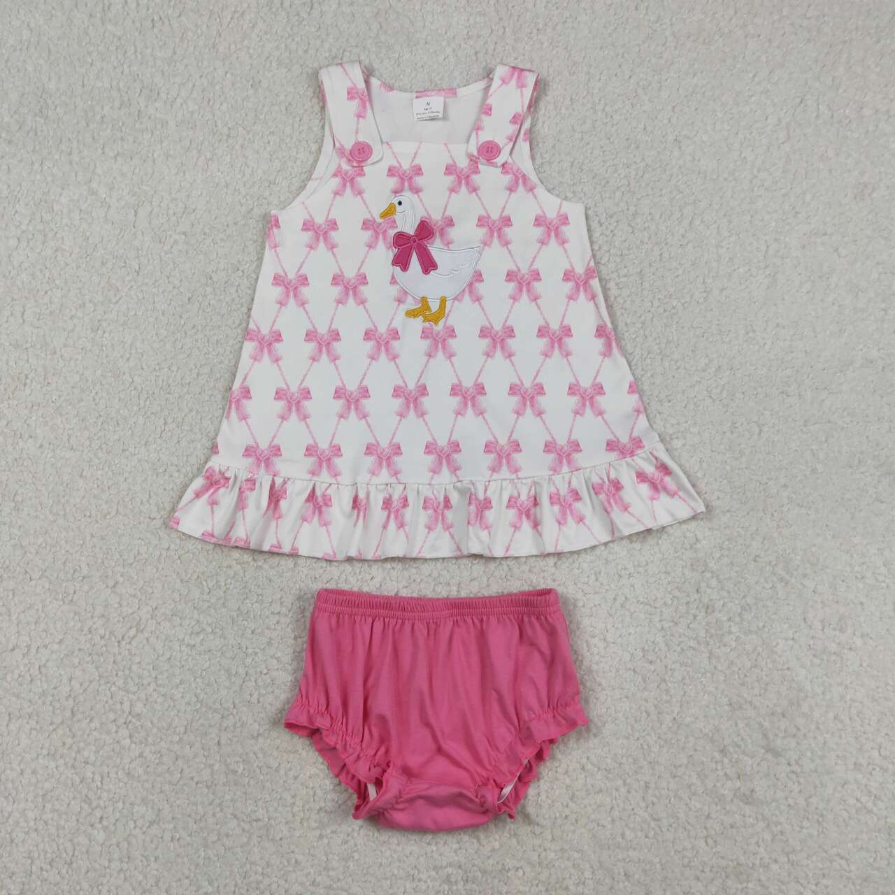 Pink bow embroidery goose girls summer bummies outfit