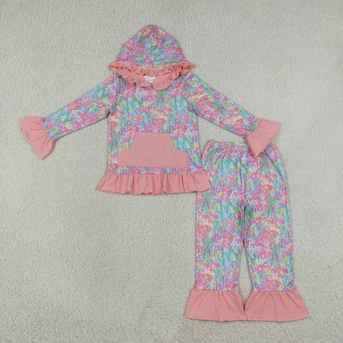 Coral print long sleeve top matching pants girls set outfit