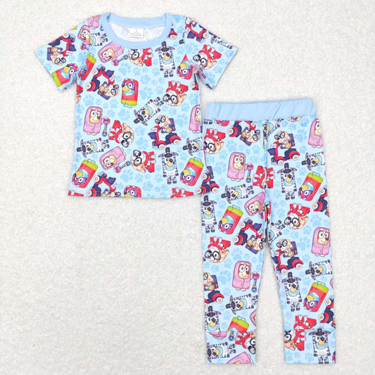 Blue cartoon dog baby boy short sleeve outfit kids wholesale clothes