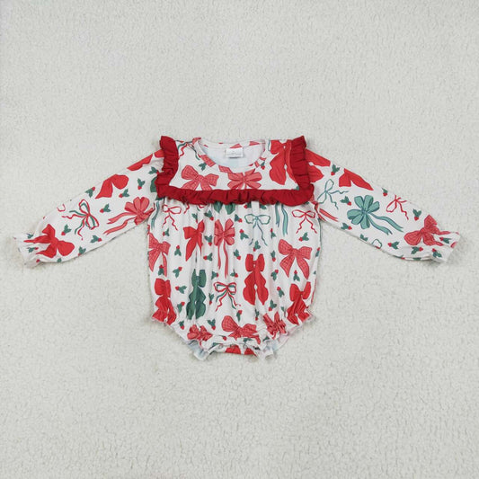 Christmas red green bow girls long sleeve romper