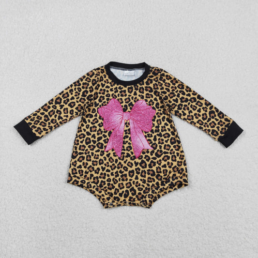 Toddle girls pink bow design long sleeve leopard romper