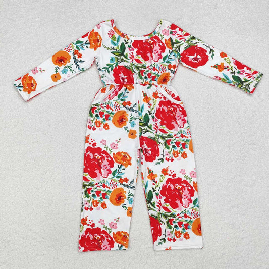 Wholesale kids baby girls red floral wide leg jumpsuit