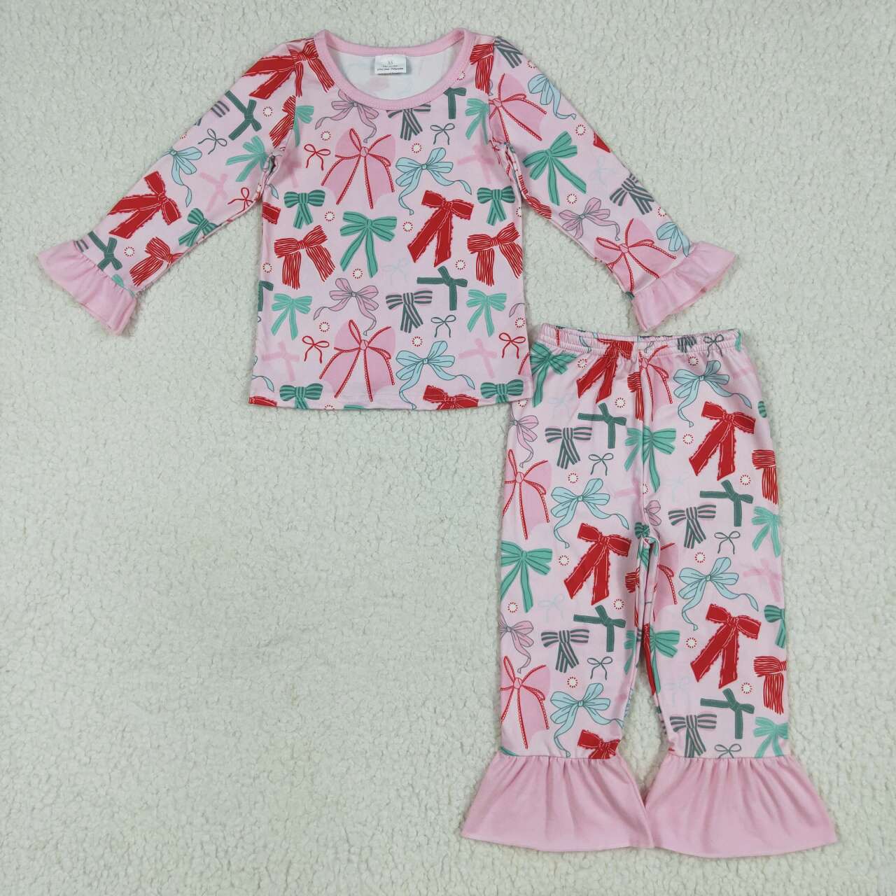 Christmas red green bow girls long sleeve matching outfit