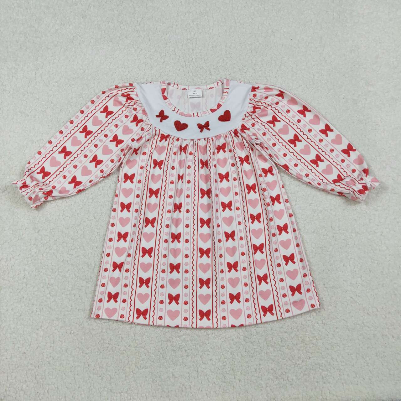 Valentines heart embroidery bow girls long sleeve dress