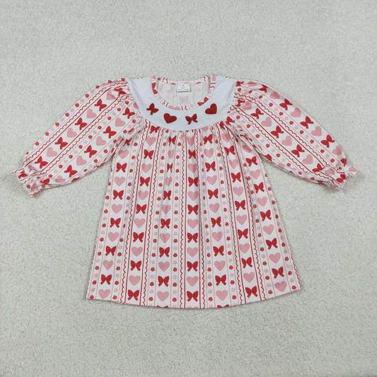Valentines heart embroidery bow girls long sleeve dress