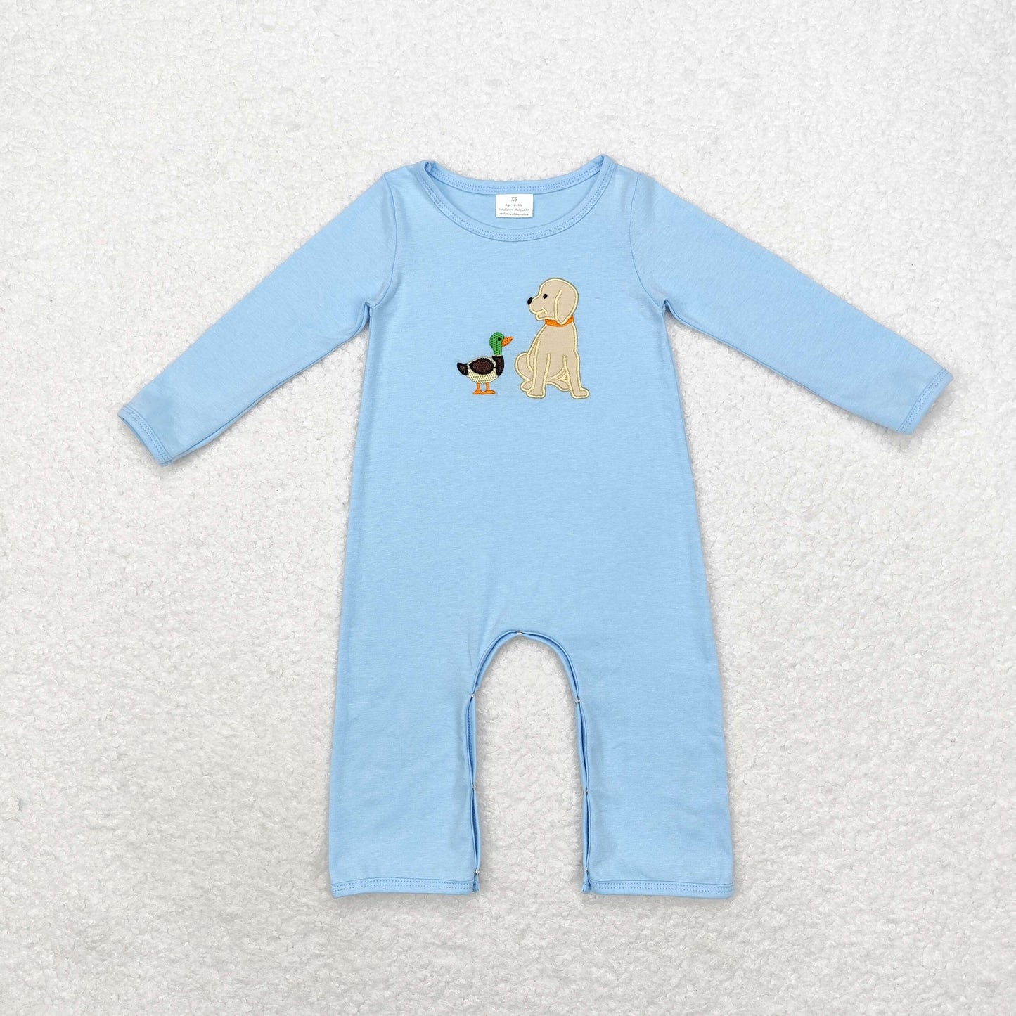 embroidery mallard duck dog blue long sleeve romper