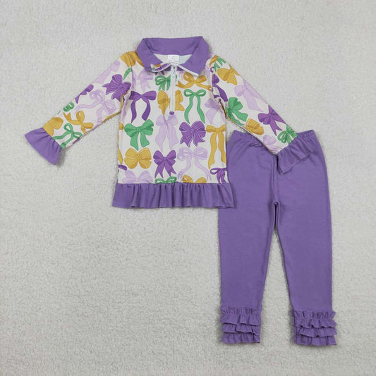 Mardi Gras bow pullover matching pants kids long sleeve outfit