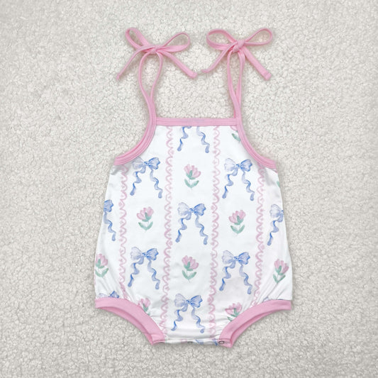 Toddle baby blue bow pink flower  summer romper