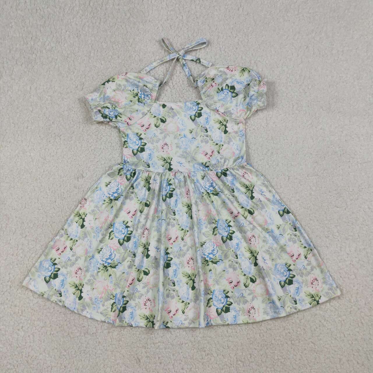 Pink blue flowers design girls summer dress