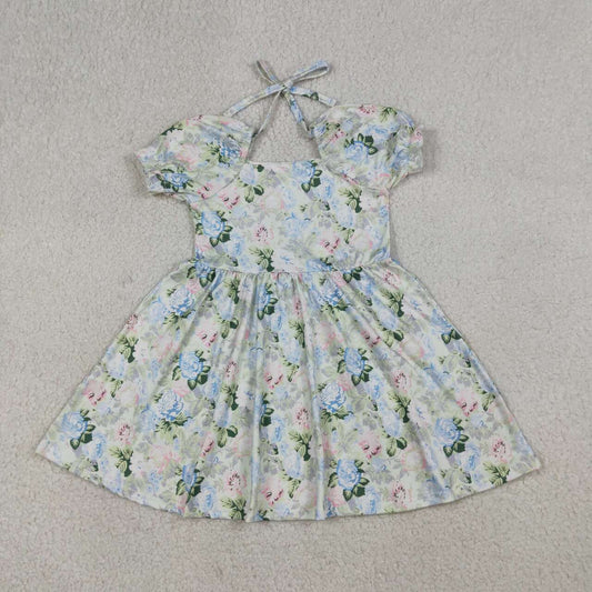 Pink blue flowers design girls summer dress