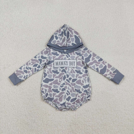 Embroidery Mamas boy light grey camo toddle baby long sleeve hoodie romper