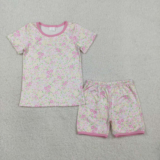 Pink flowers top matching shorts girls summer outfit