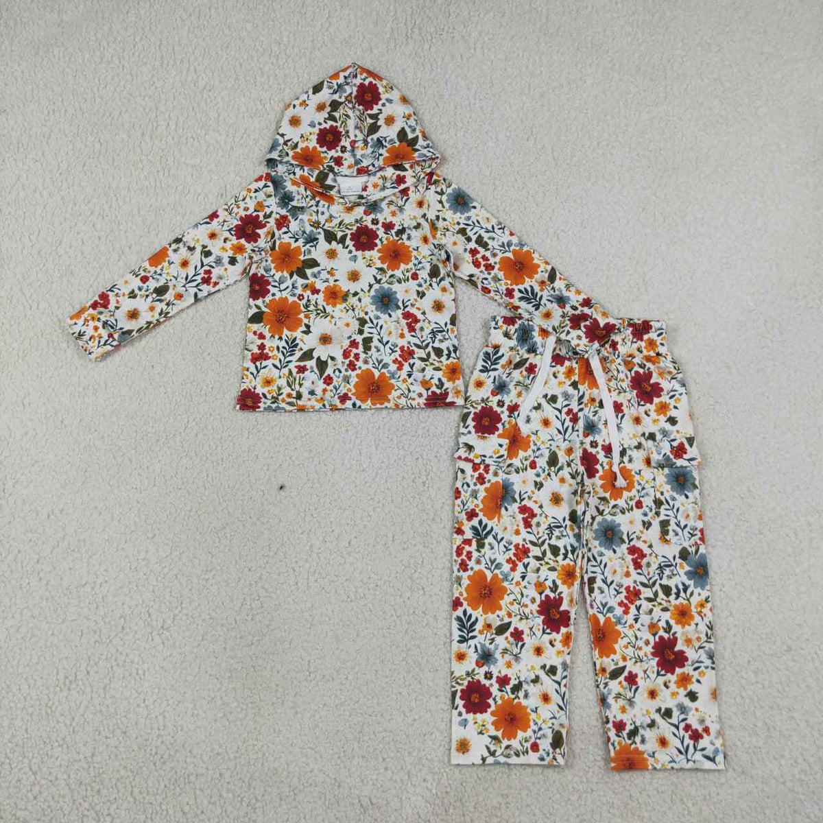 Orange flowers girls long sleeve hoodie set outfit