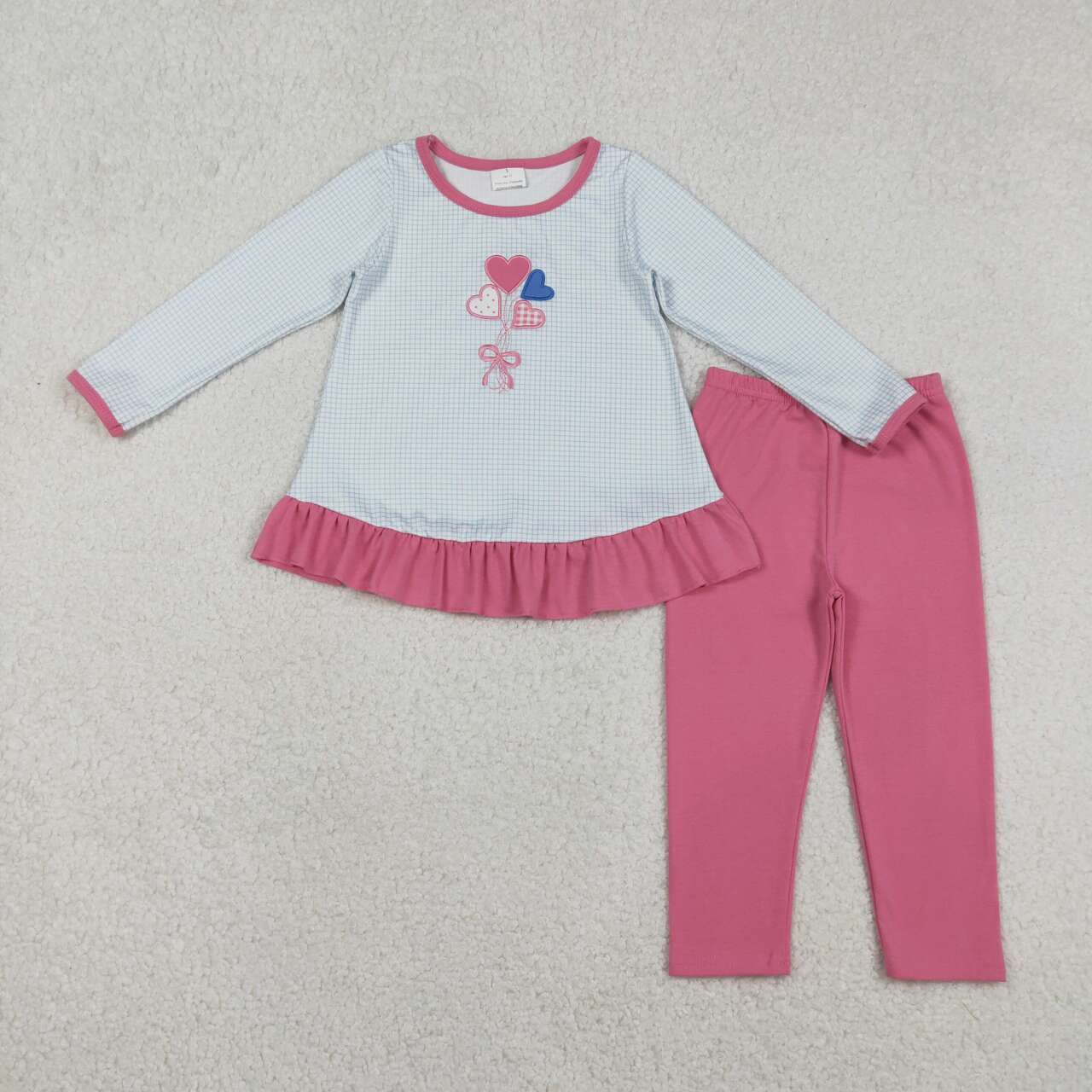 Girls long sleeve embroidery heart print shirt matching pink leggings outfit