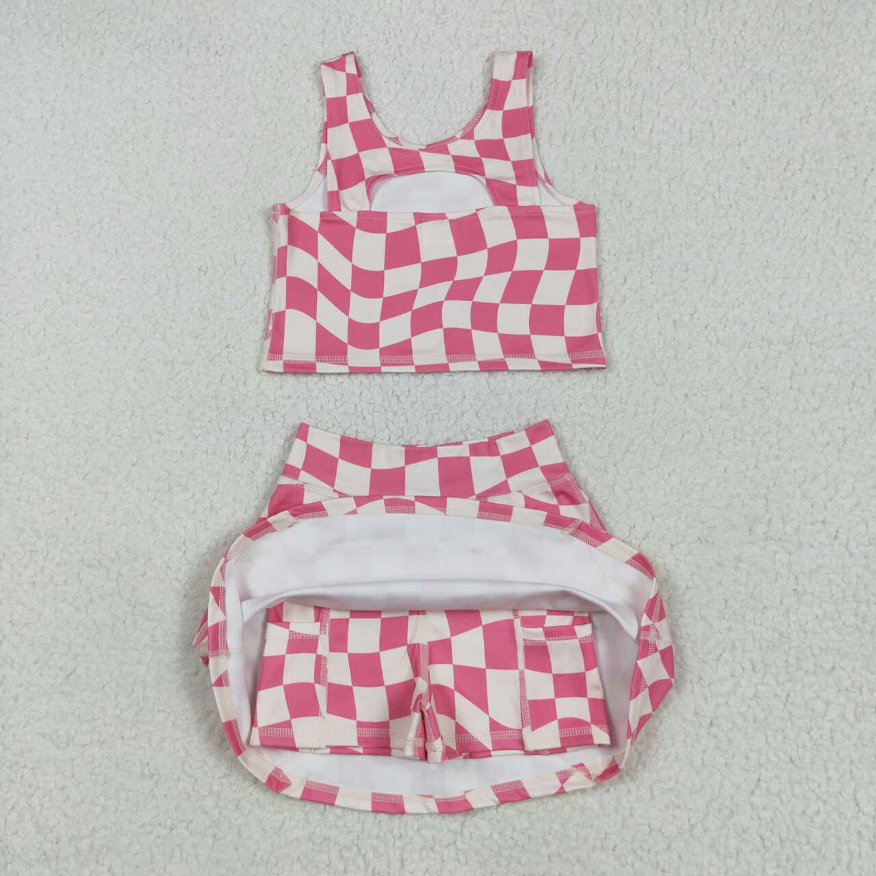 Baby girls pink checkered active wear athletic summer yoga skirt set