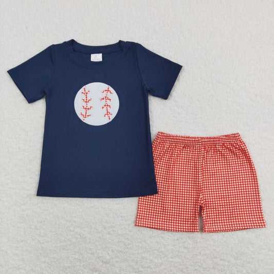 navy baseball top red gingham shorts outfit