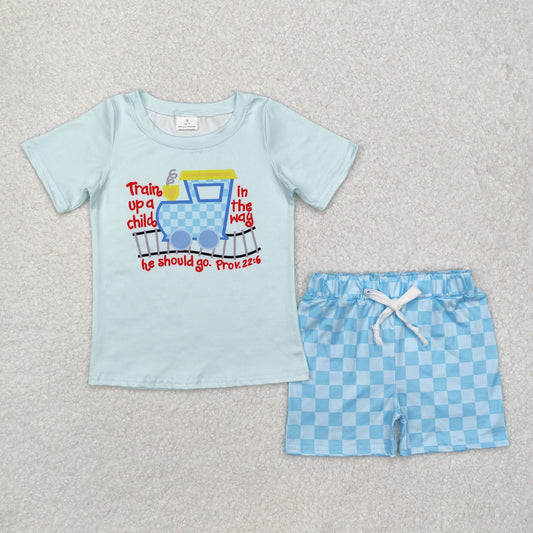Baby boy blue checkered train print summer outfit