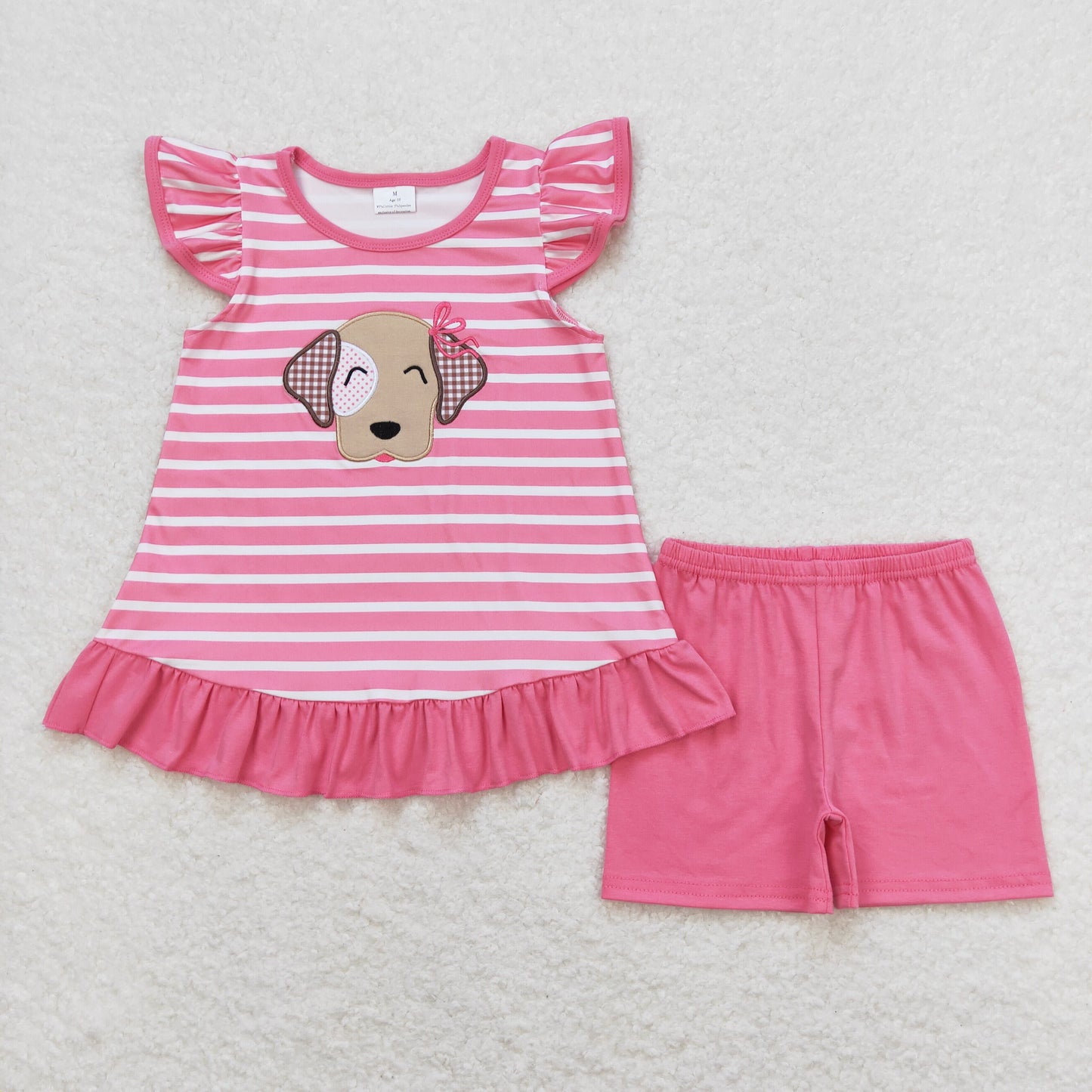 infant toddle girls pink stripes embroidery puppy dog outfit