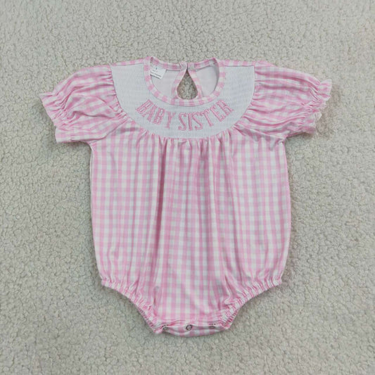Baby sister pink plaid short sleeve smocked romper