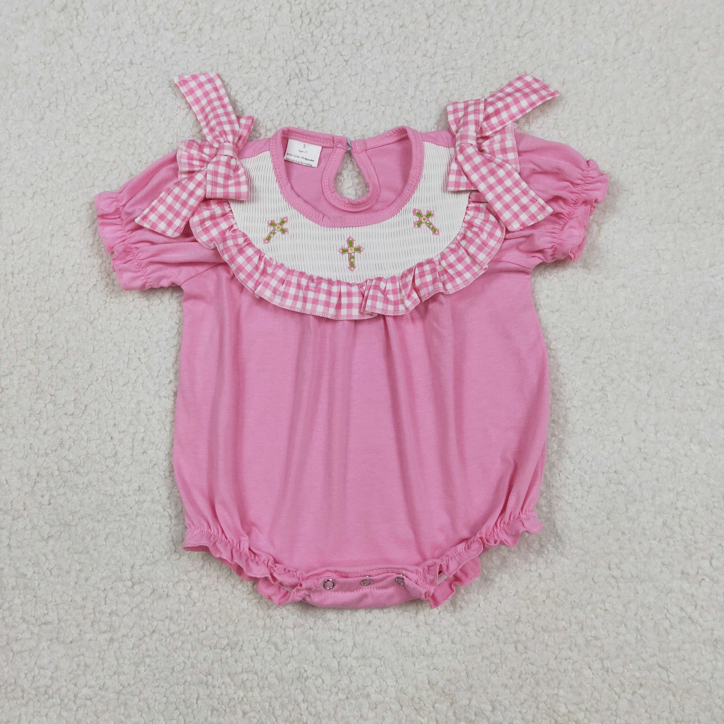Easter cross  girls pink short sleeve smocked romper