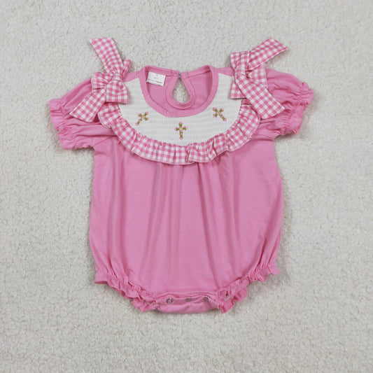 Easter cross  girls pink short sleeve smocked romper