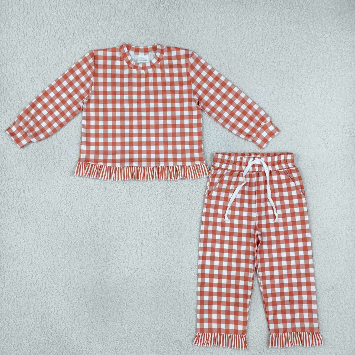 Orange plaid long sleeve top matching pants girls outfit