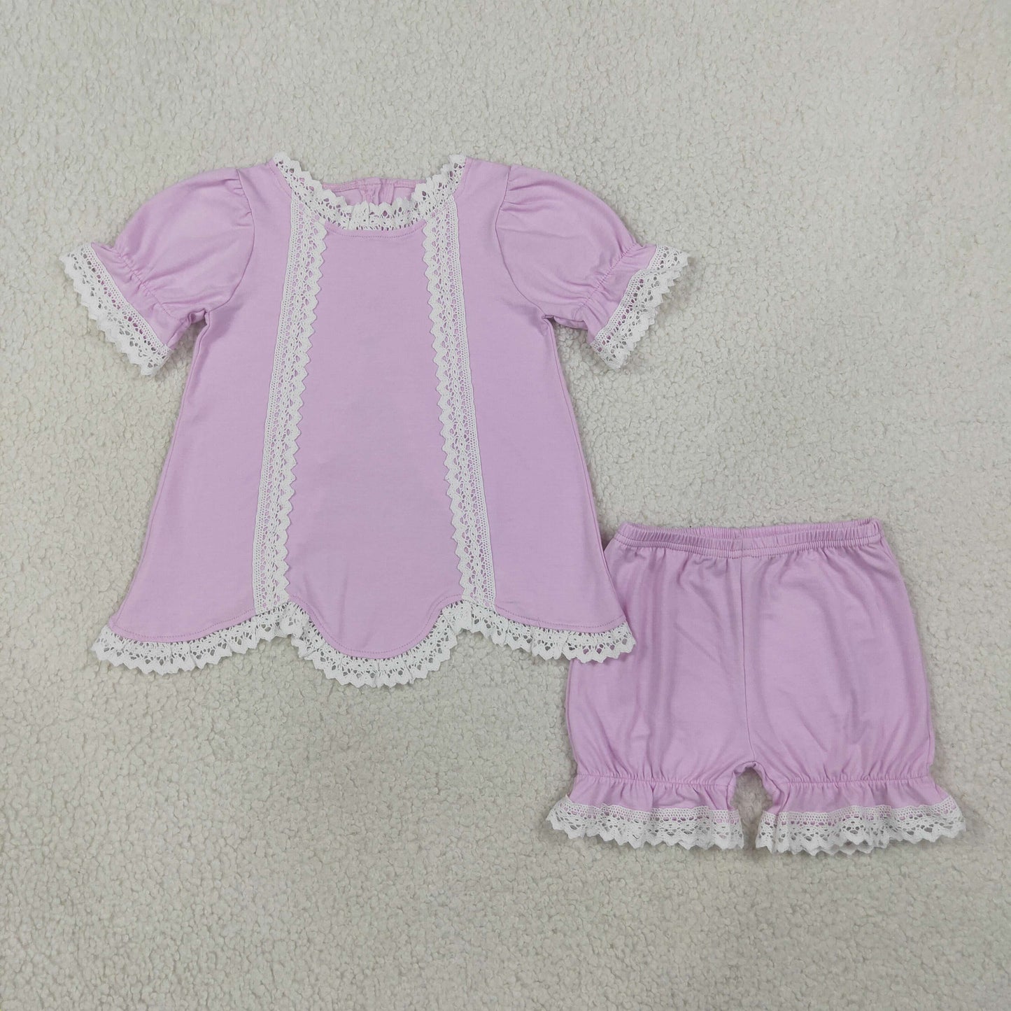 Lavender color lace ruffle top matching shorts girls summer outfit