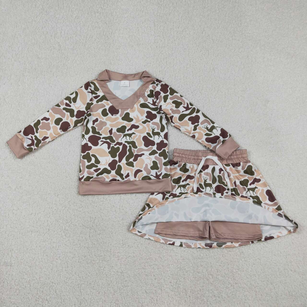 Deer camo pullover matching skirt girls long sleeve outfit