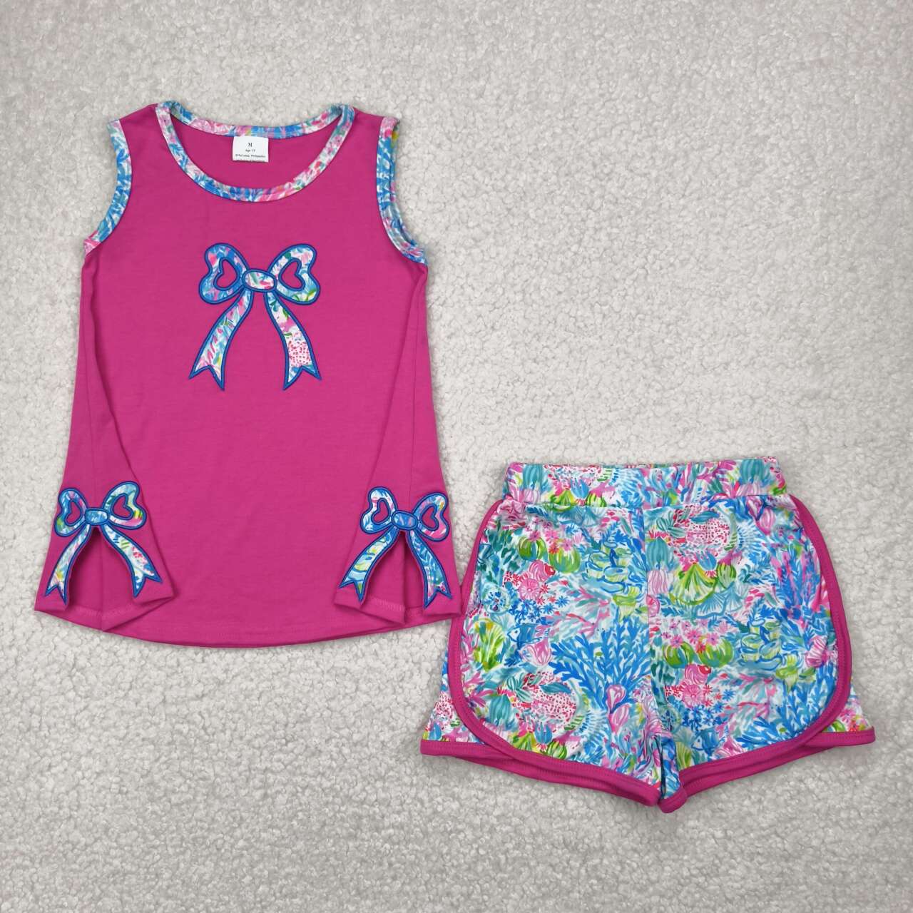 Toddle girl embroidery floral bow top matching shorts summer outfit