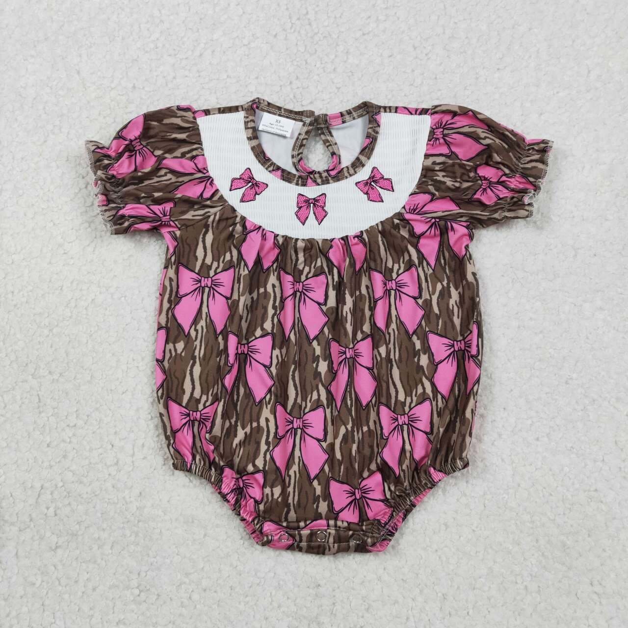 Pink bow camo design girls smocked romper
