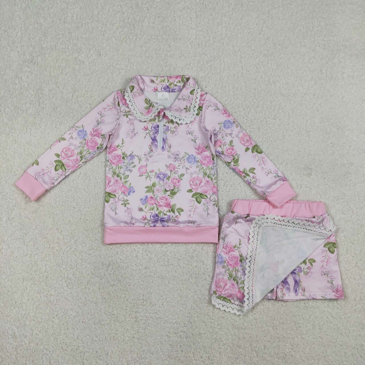 Pink blue floral pullover top matching skirts girl outfit